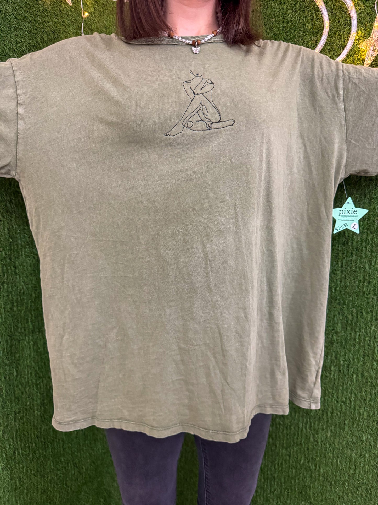 One Line Woman Green T-Shirt L