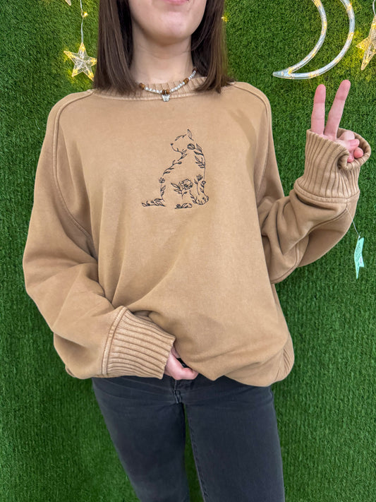 Floral Cat Brown Crewneck L