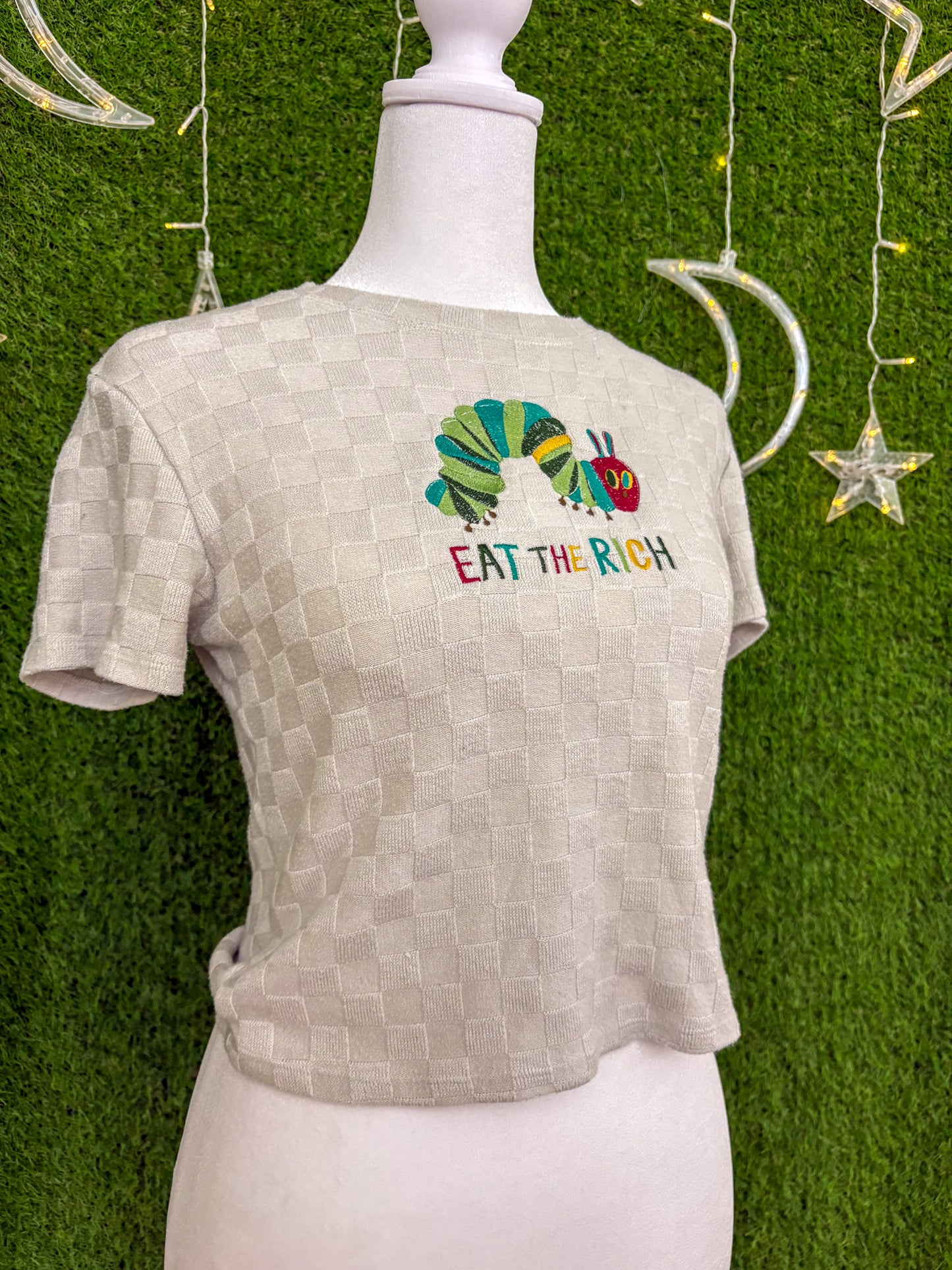 Eat the Rich Caterpillar Patterned Cropped Baby Tee L