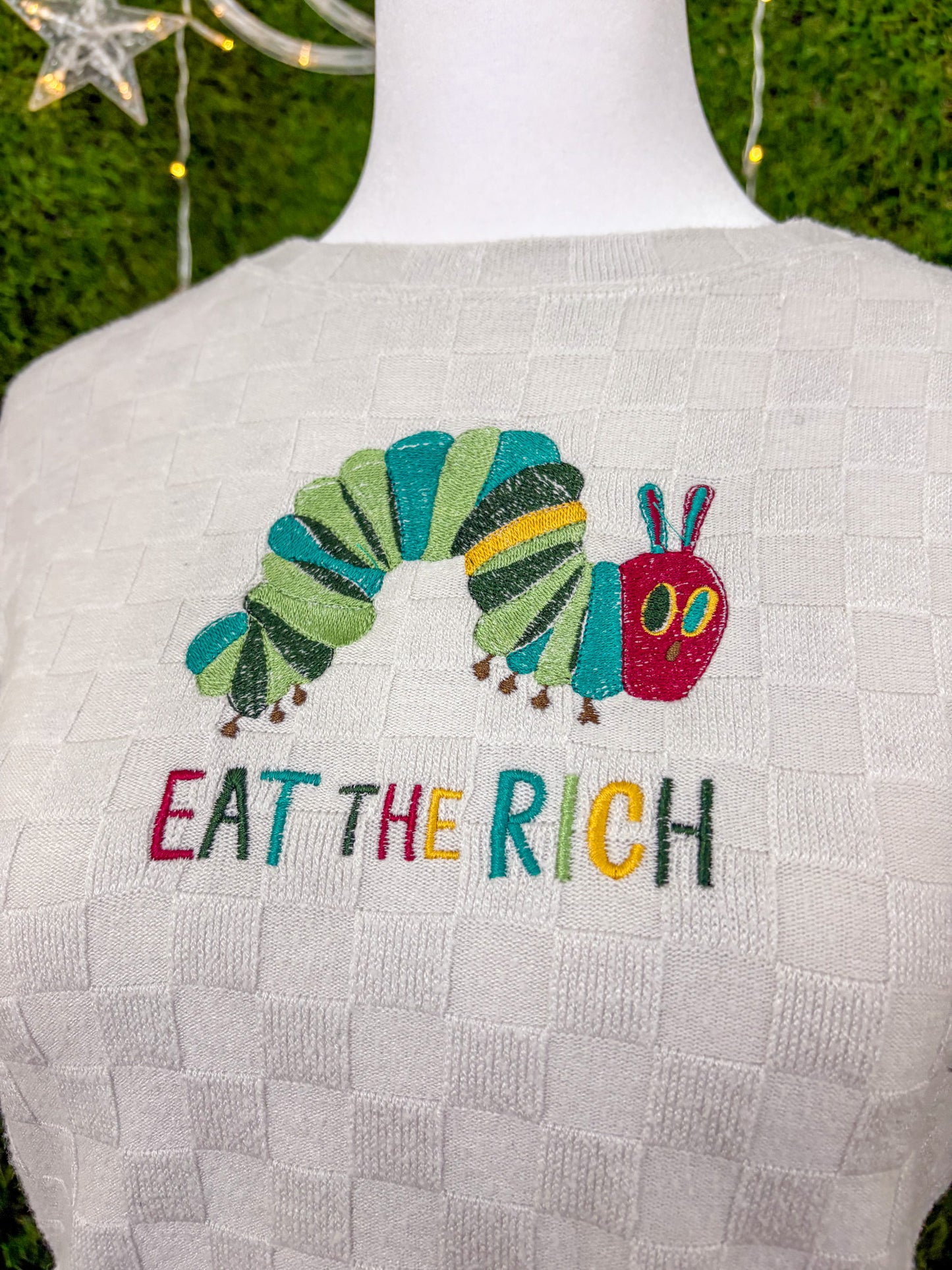 Eat the Rich Caterpillar Patterned Cropped Baby Tee L