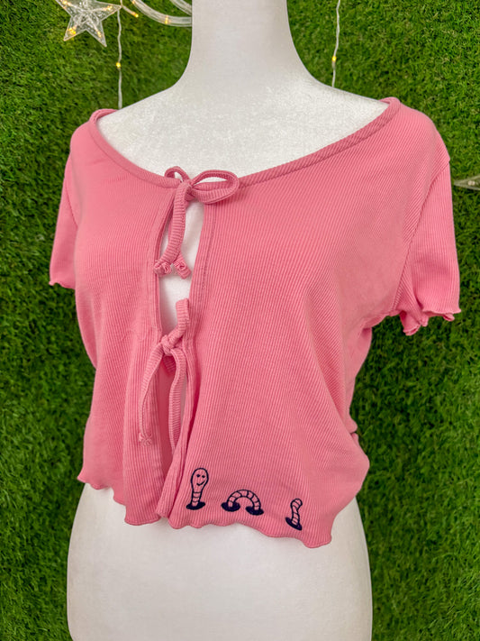 Wormy Pink Tied-Front Top S