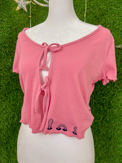 Wormy Pink Tied-Front Top S