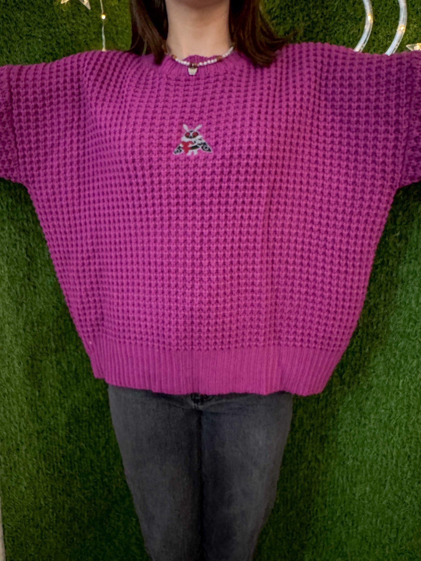 Mothman Hugging a Heart Magenta Sweater M