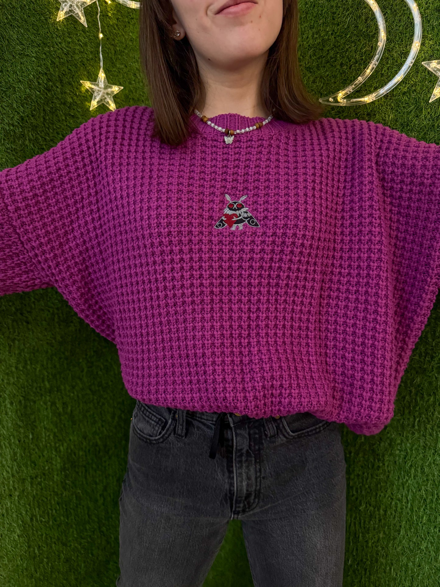 Mothman Hugging a Heart Magenta Sweater M