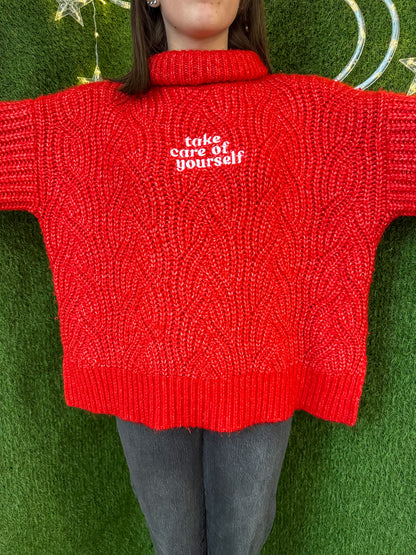 Take Care of Yourself Red Turtleneck Sweater XL