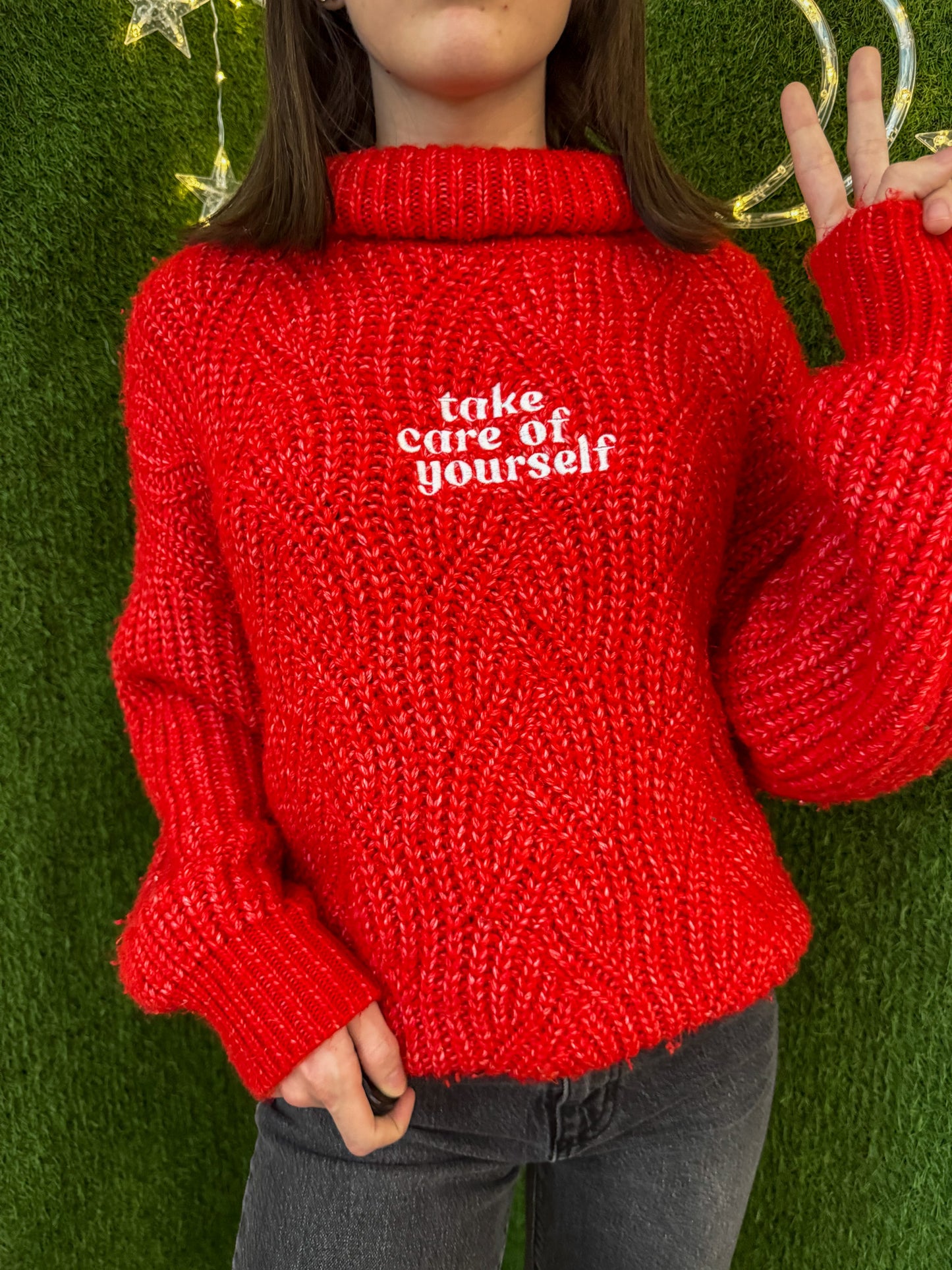 Take Care of Yourself Red Turtleneck Sweater XL