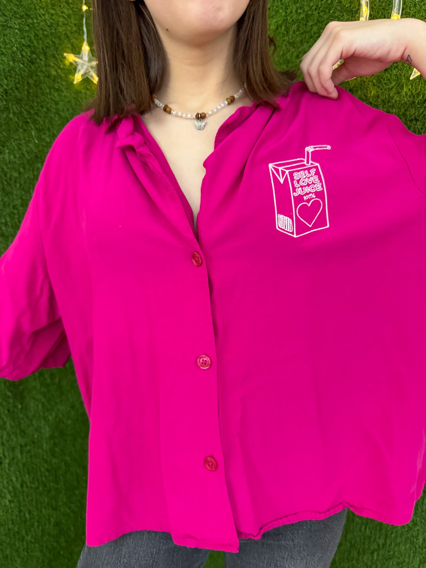 Self Love Juice Pink Cropped Button Up Collard Shirt XL