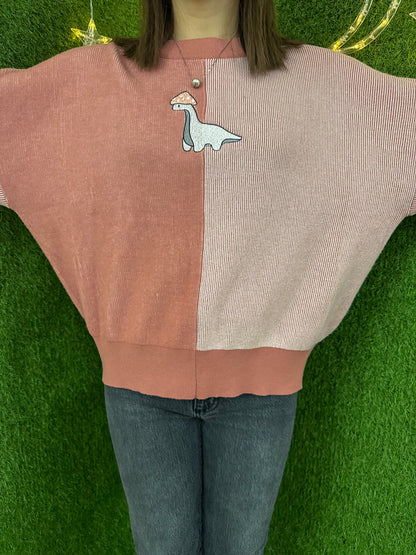 Mushroom Dino Pink Two Tone Sweater XL