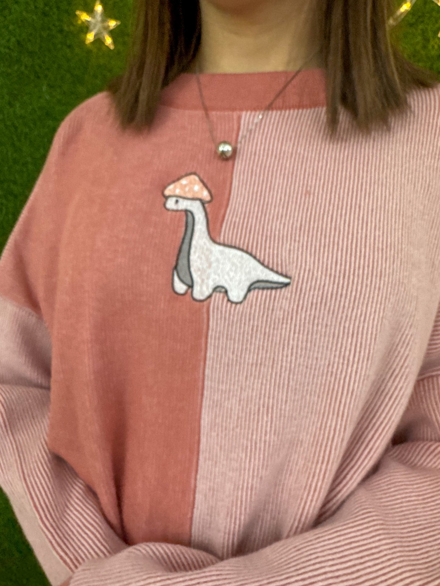 Mushroom Dino Pink Two Tone Sweater XL