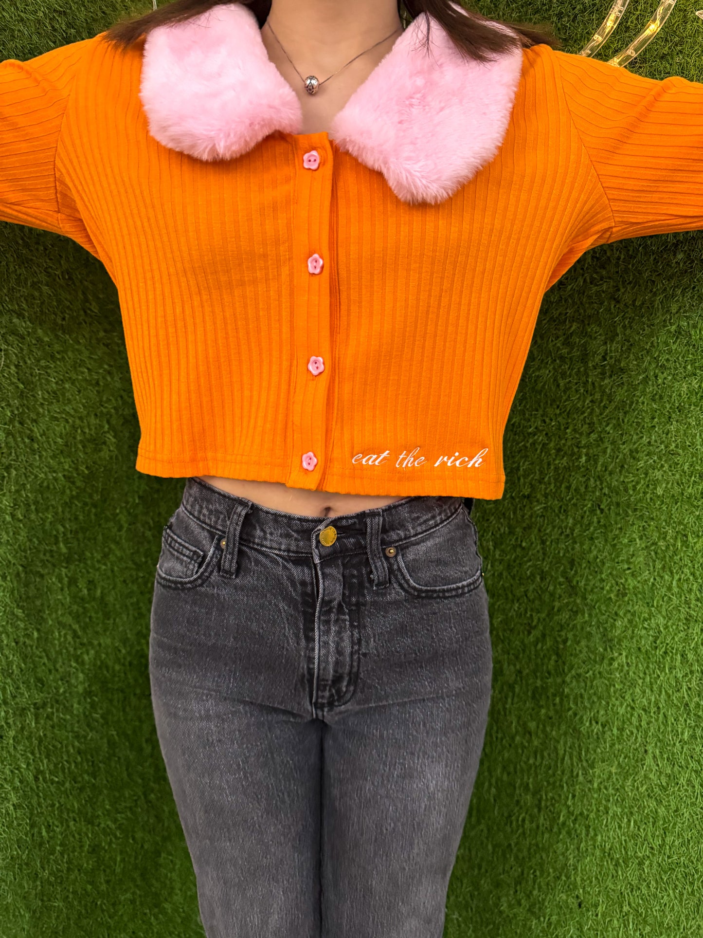 Eat The Rich Orange Cropped Long Sleeve with Pink Fuzzy Accents 2XL