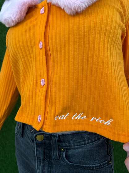 Eat The Rich Orange Cropped Long Sleeve with Pink Fuzzy Accents 2XL
