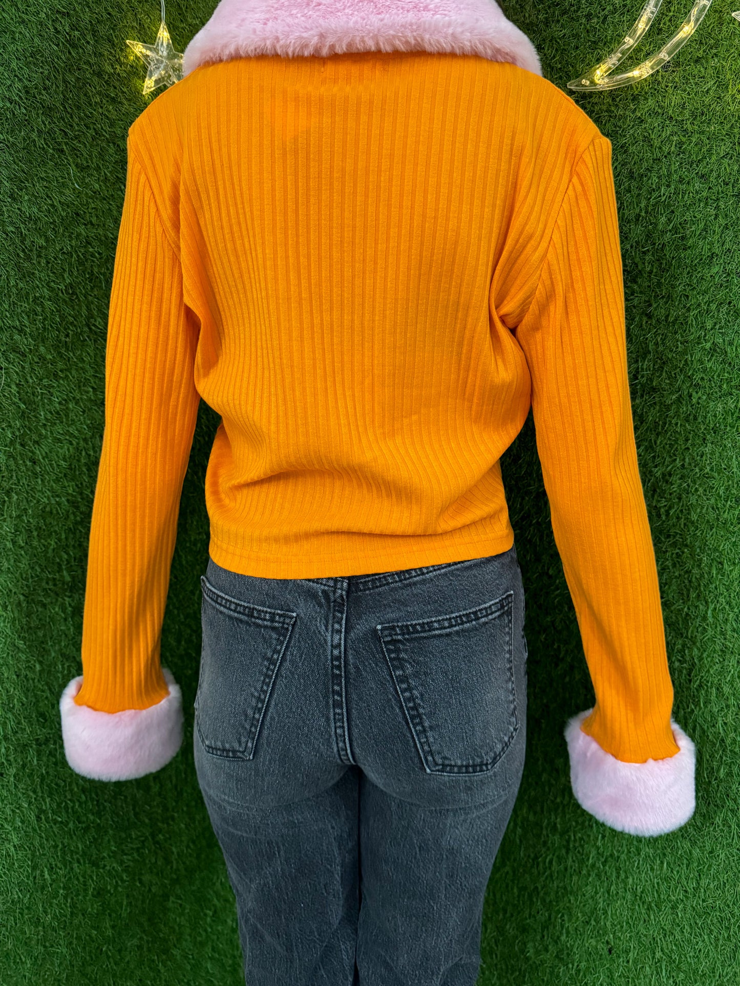 Eat The Rich Orange Cropped Long Sleeve with Pink Fuzzy Accents 2XL