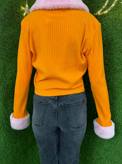 Eat The Rich Orange Cropped Long Sleeve with Pink Fuzzy Accents 2XL
