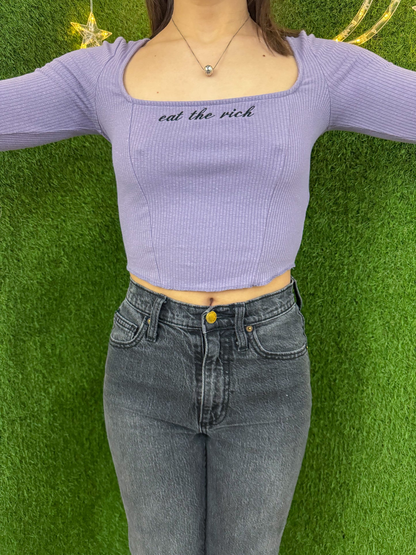 Eat The Rich Scoop Neck Cropped Long Sleeve XS