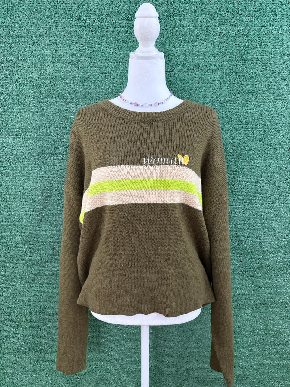 "Woman" Green Sweater with Stripe M