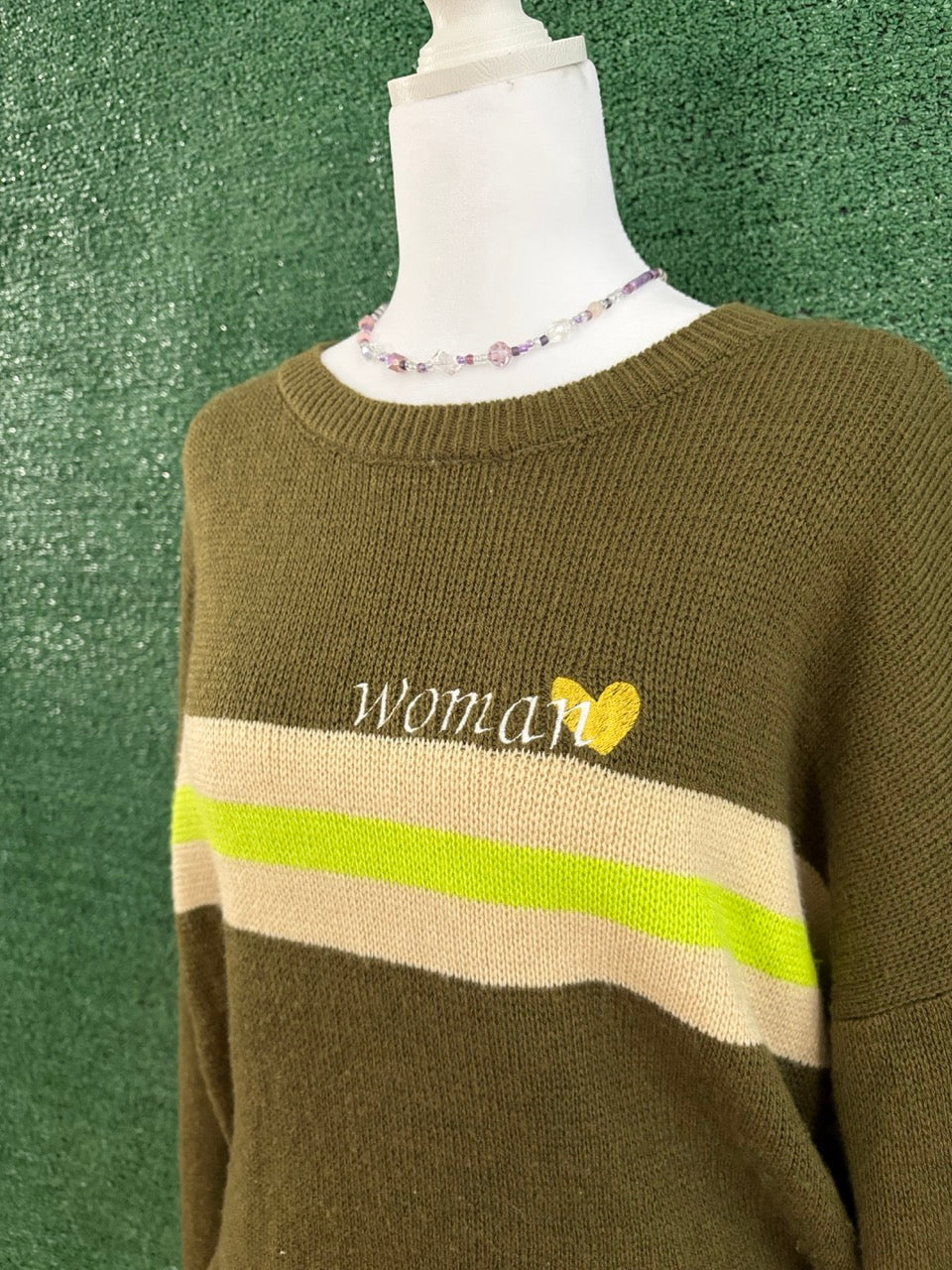 "Woman" Green Sweater with Stripe M