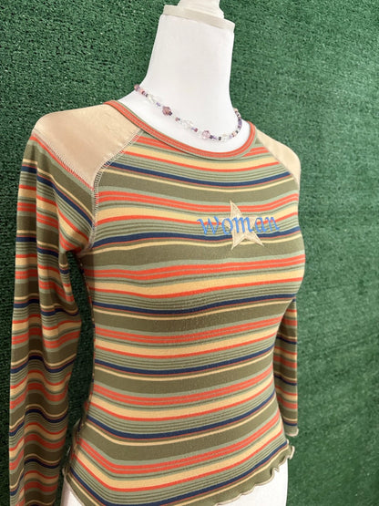"Woman" Striped Fitted Cropped Long Sleeve XS