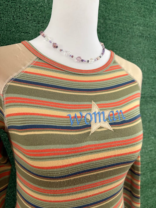 "Woman" Striped Fitted Cropped Long Sleeve XS