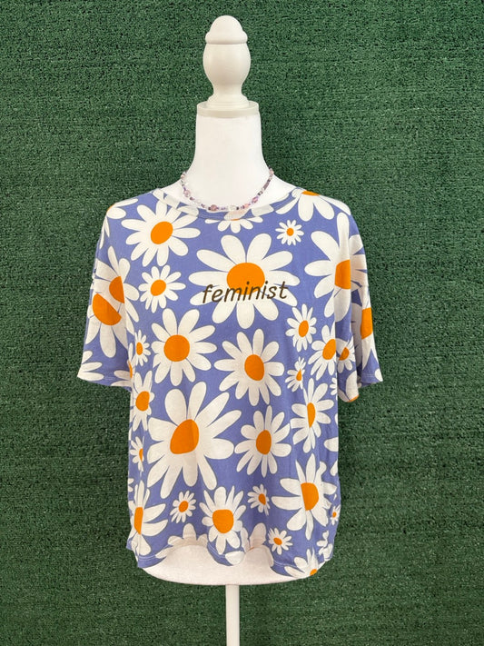 Feminist Periwinkle Floral Cropped Jersey Tee L