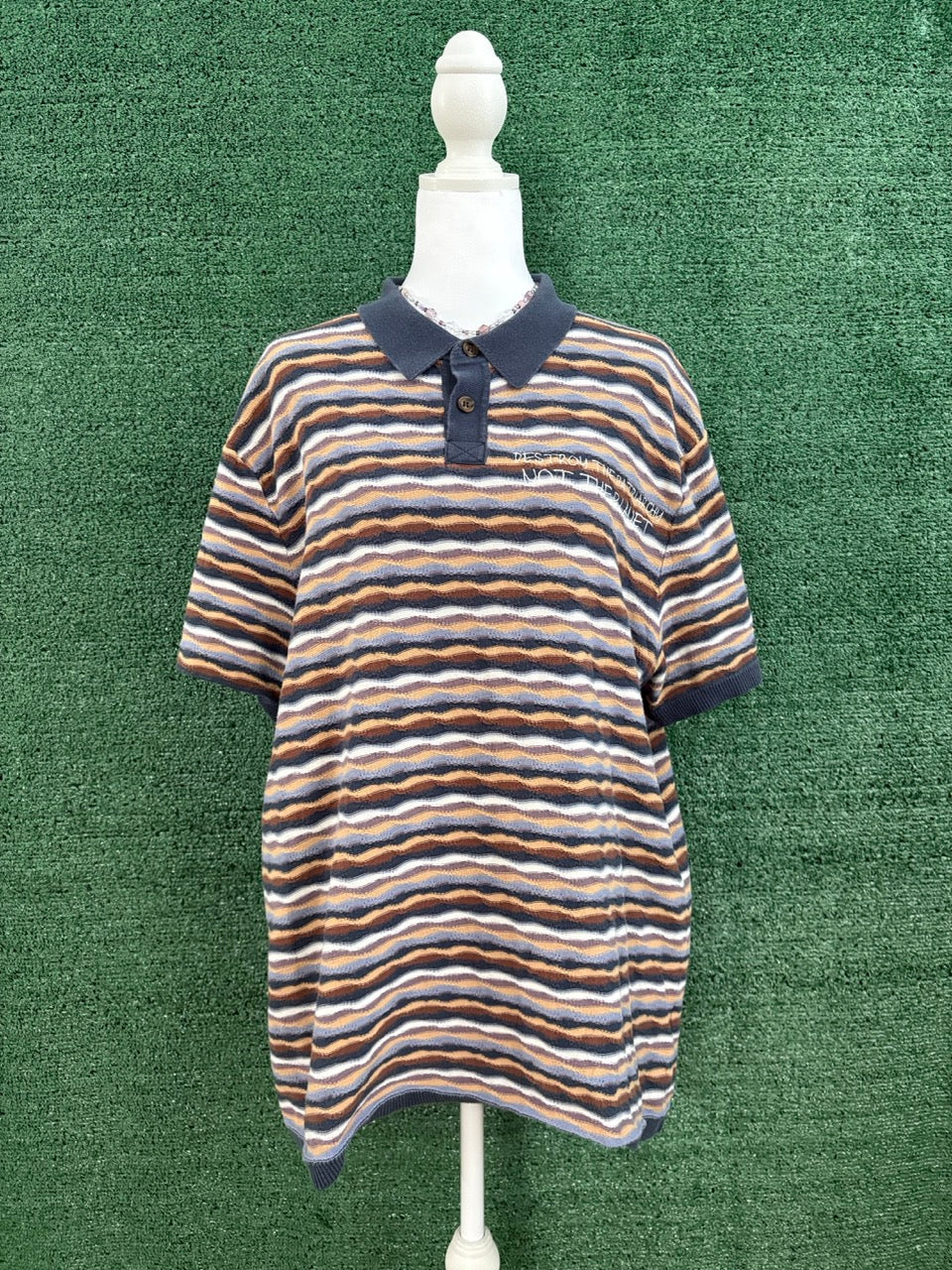 Destroy the Patriarchy Blue and Brown Knitted Polo Tee L