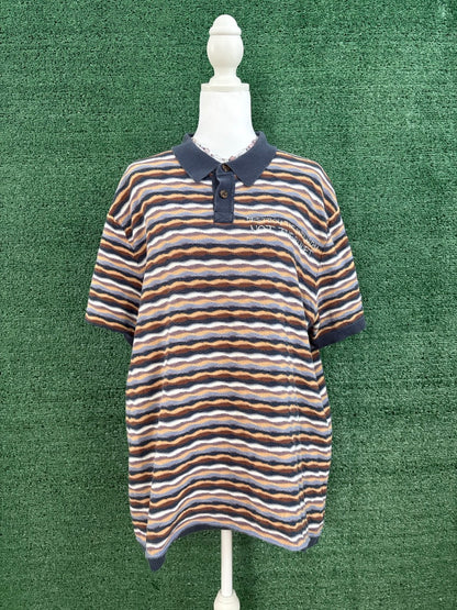 Destroy the Patriarchy Blue and Brown Knitted Polo Tee L