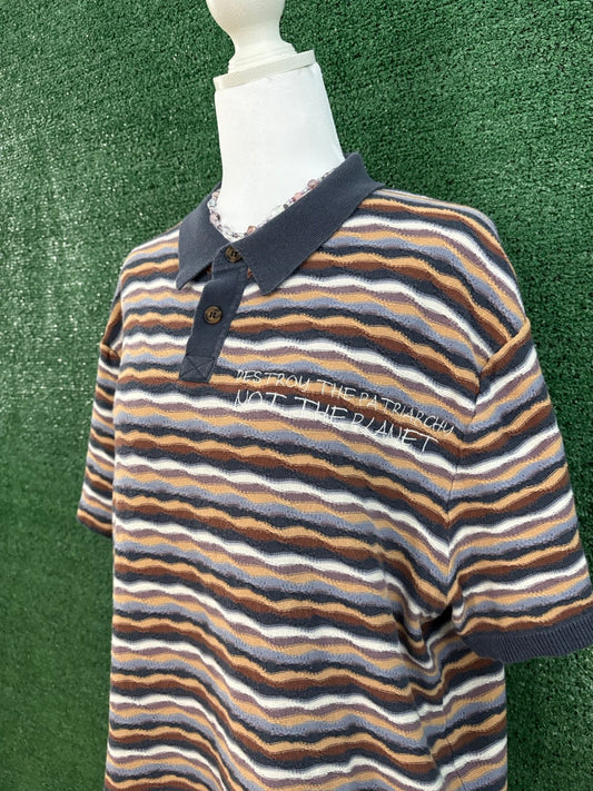 Destroy the Patriarchy Blue and Brown Knitted Polo Tee L