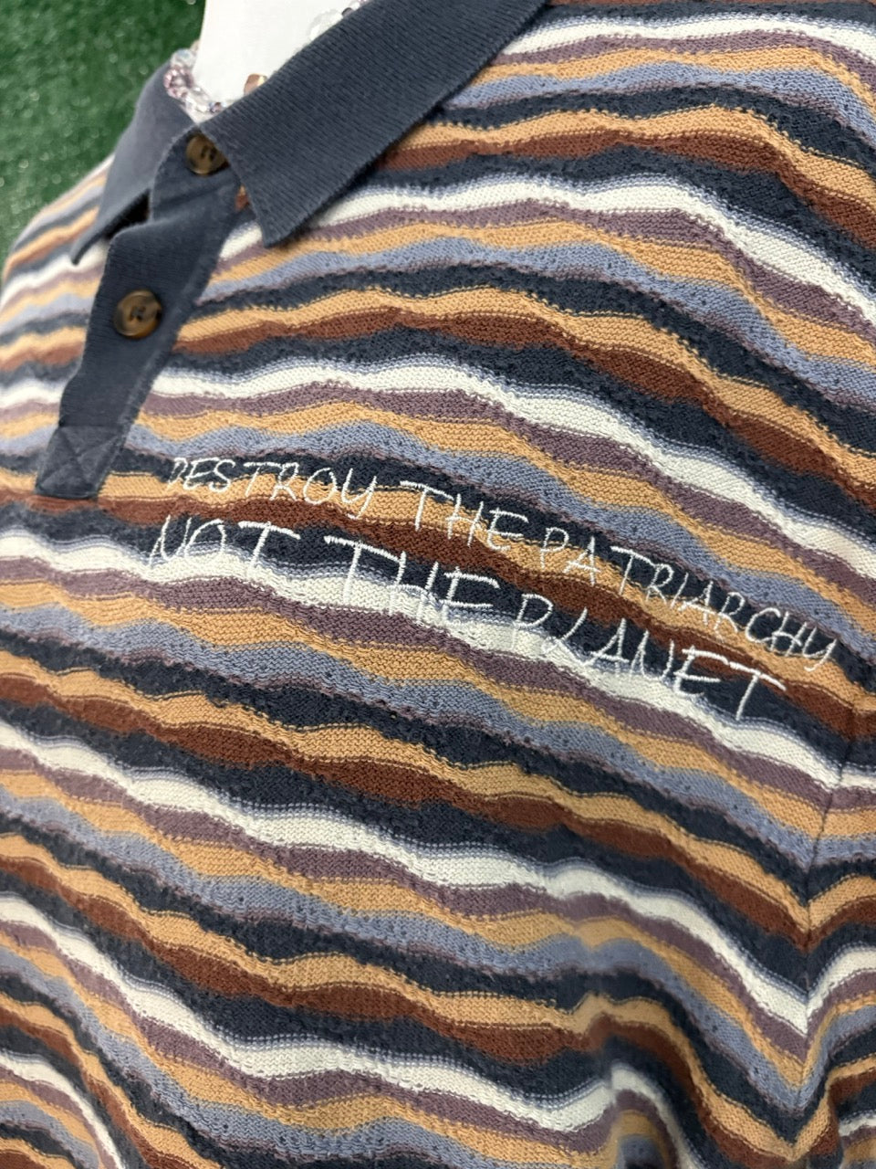Destroy the Patriarchy Blue and Brown Knitted Polo Tee L