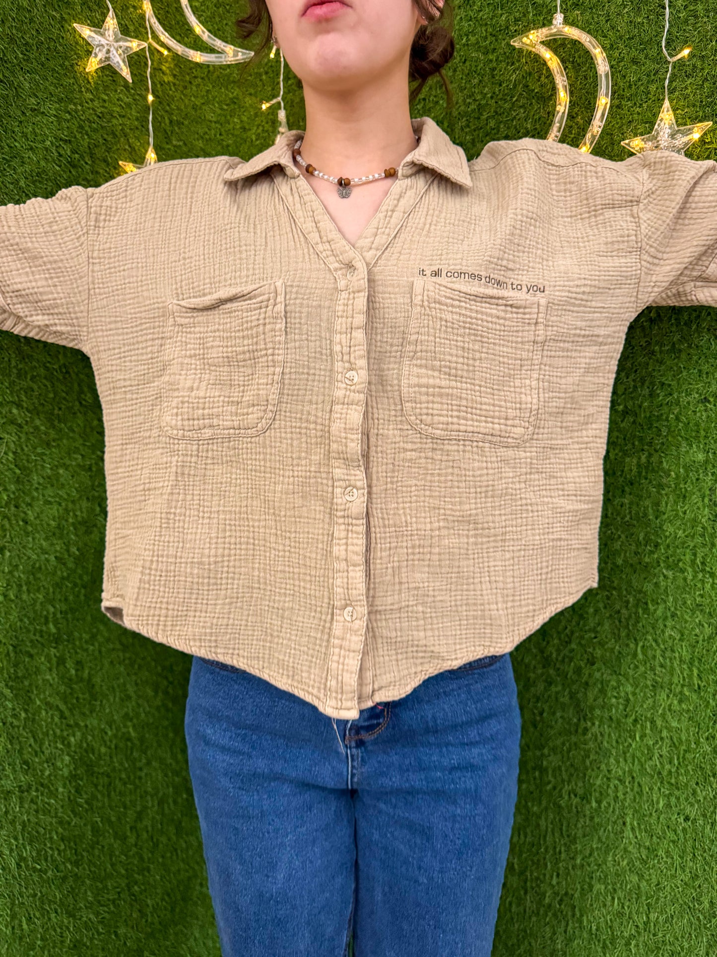 It All Comes Down To You Khaki Cropped Button Up L