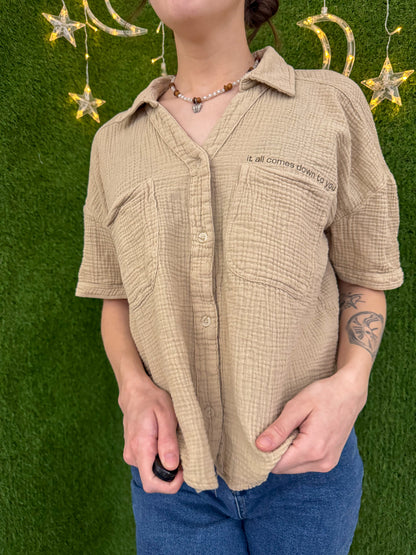 It All Comes Down To You Khaki Cropped Button Up L