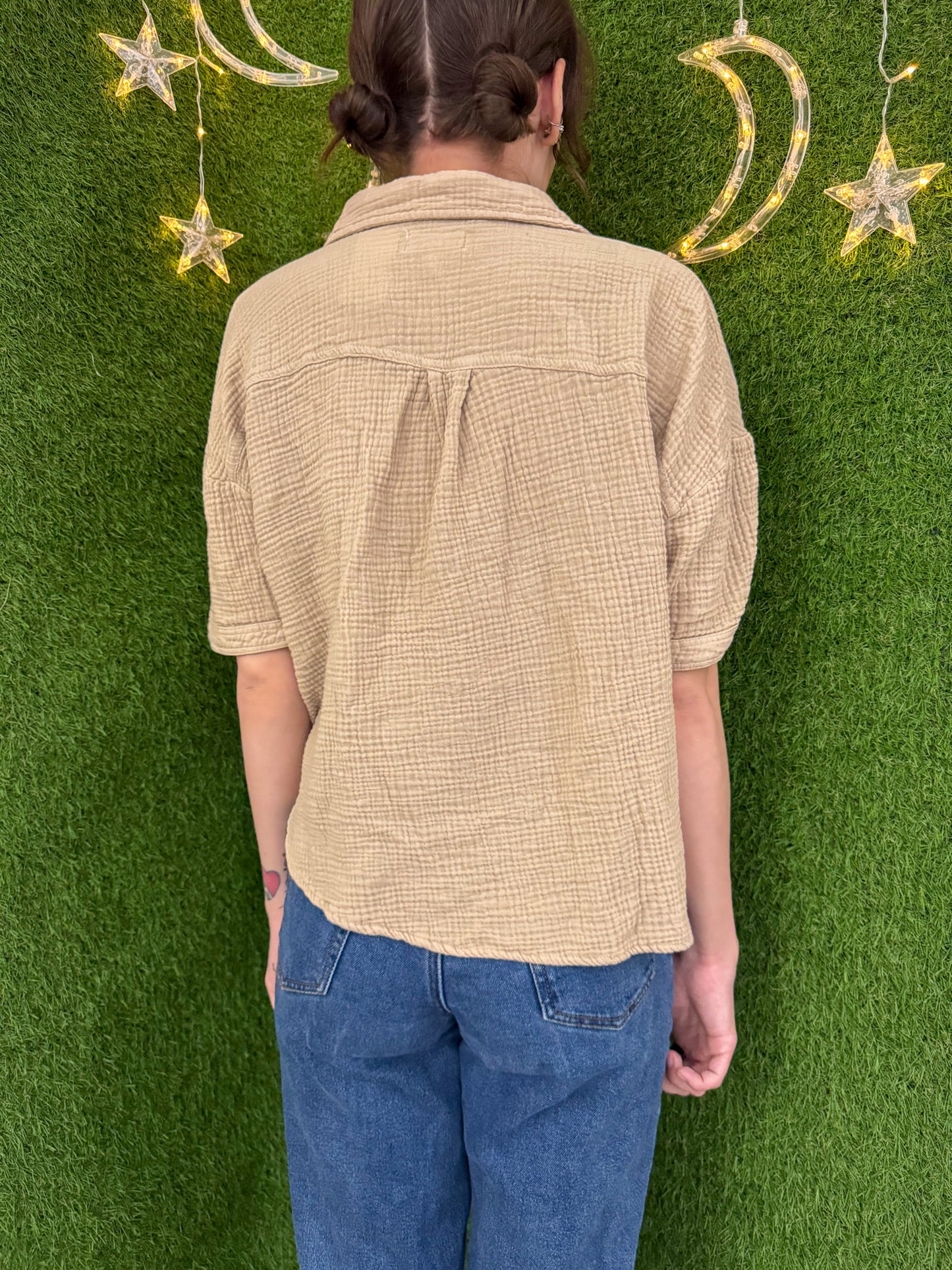 It All Comes Down To You Khaki Cropped Button Up L
