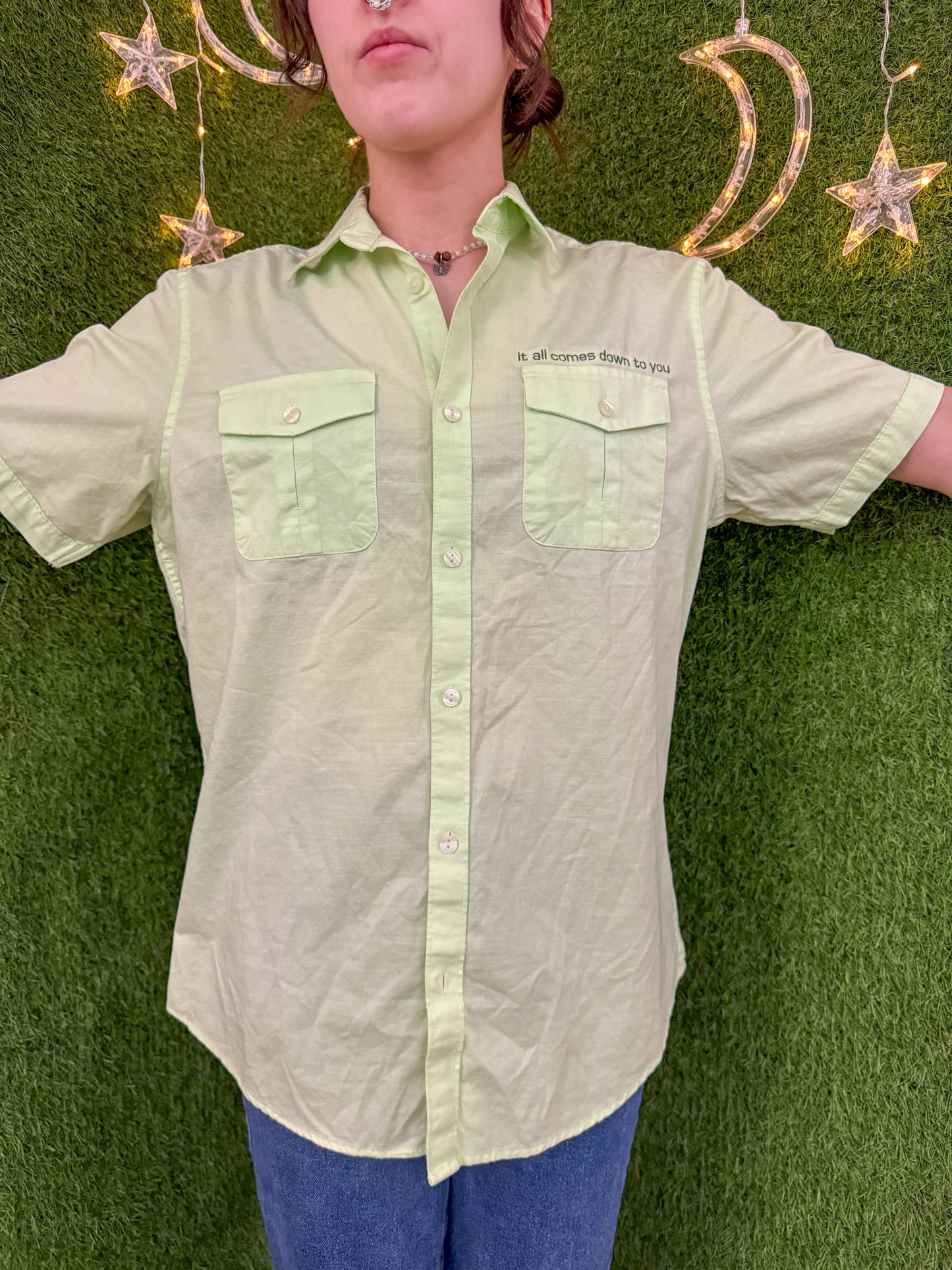 It All Comes Down To You Green Button Up S