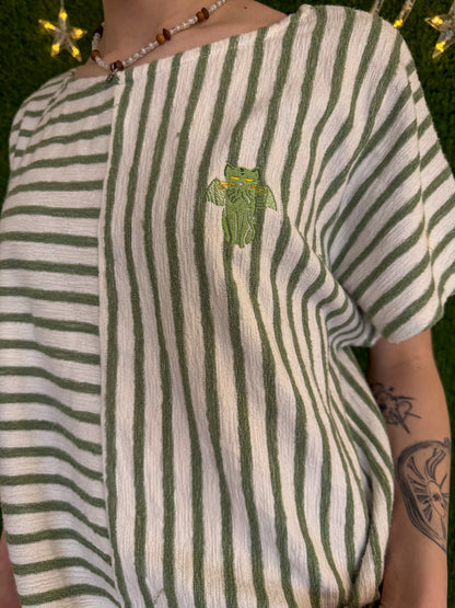 Cthulhu Cat Green Striped T-Shirt XL