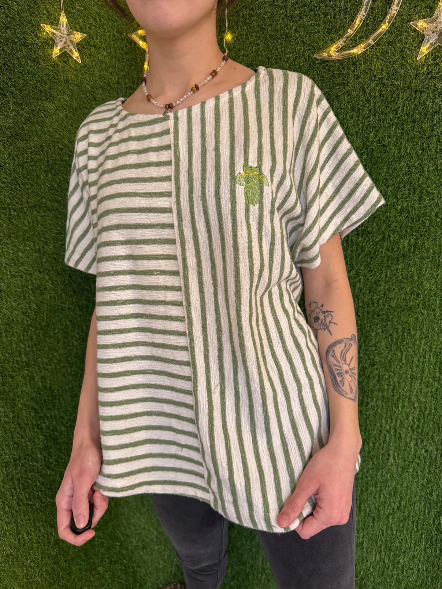 Cthulhu Cat Green Striped T-Shirt XL
