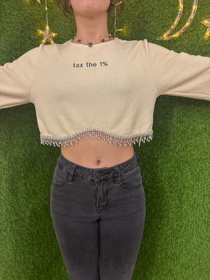 Tax the 1% Sparkle Fringe Cropped Long Sleeve M