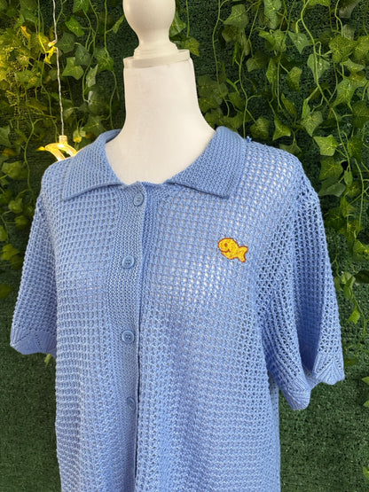 Goldfish Blue Cropped Knitted Button Up Tee 3XL