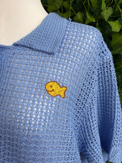 Goldfish Blue Cropped Knitted Button Up Tee 3XL