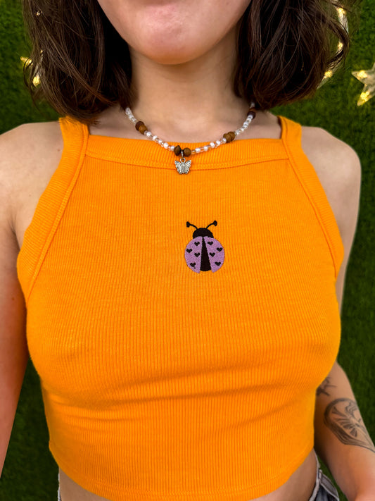 Ladybug Orange Halter Cropped Tank S