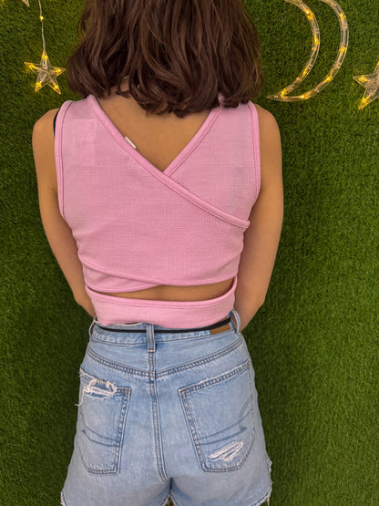 Floral Woman Pink Cropped Tank L