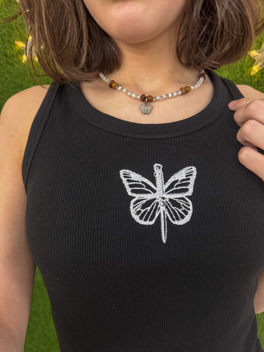 Butterfly Black Ribbed Tank Dress M