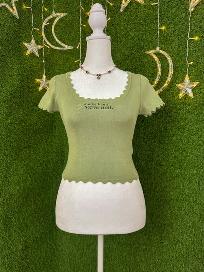 Smoke Blunt Green Scalloped Edge Cropped Baby Tee S