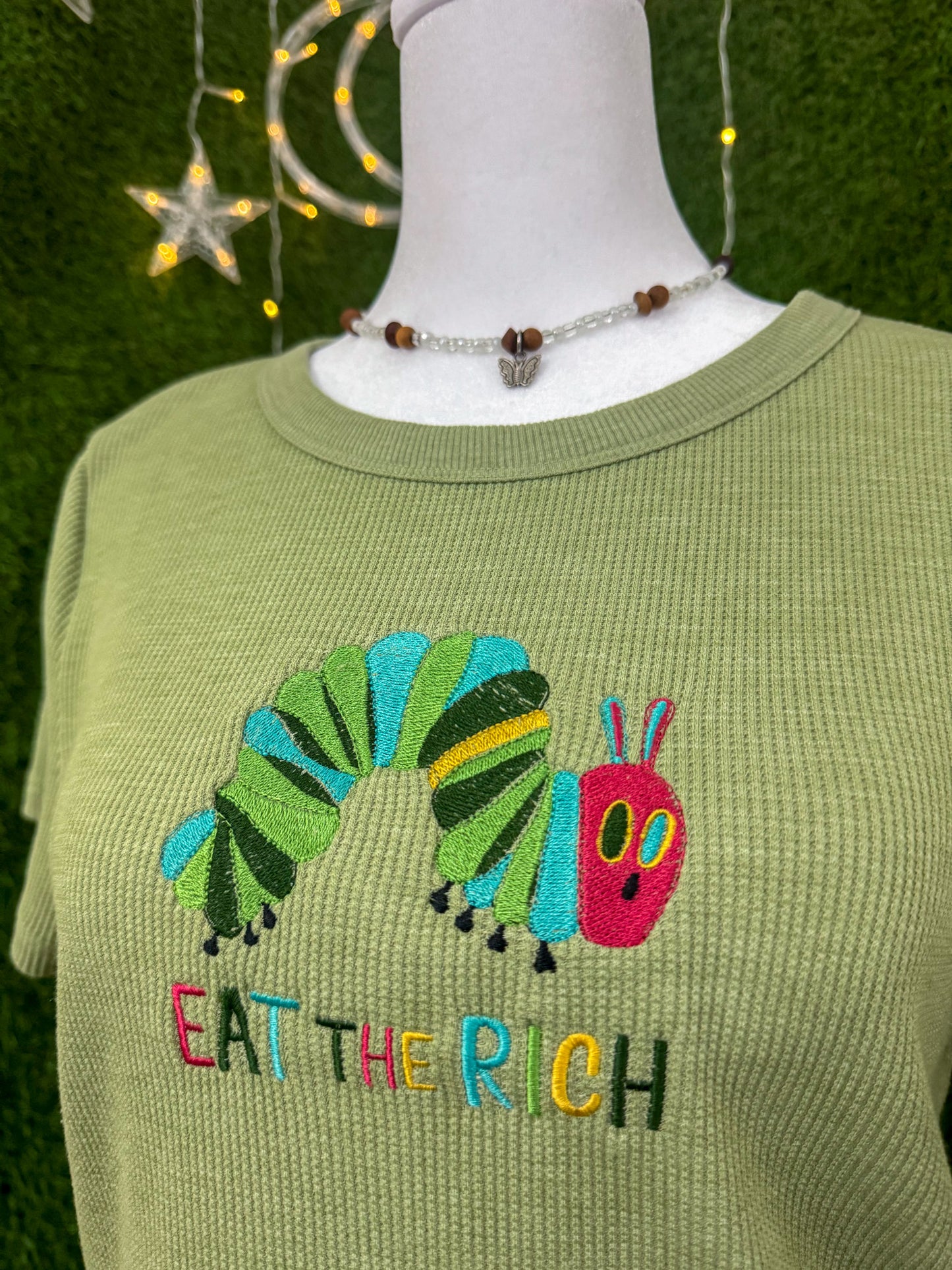Eat The Rich Caterpillar Green Baby Tee XL